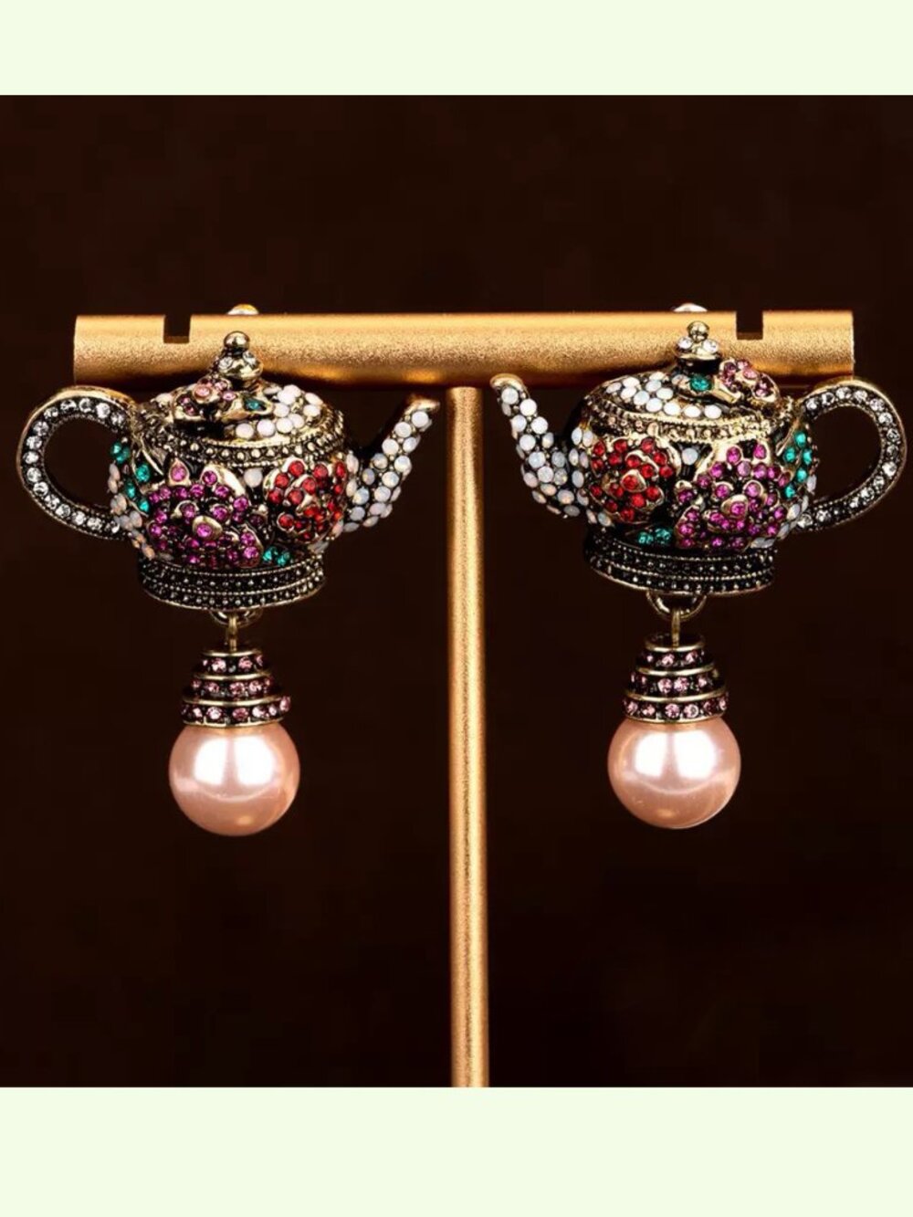 Vintage Teapot Dangle Earrings Faux Pearl Rhinestone Crystal Statement Gold Tone